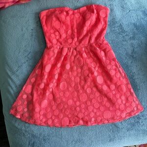 Fun Strapless Coral Pink Dot Lace Dress